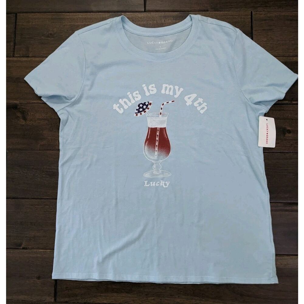 LUCKY BRAND 4th JULY t-shirt Large Blue Short sleeve Top Cotton.Beverage drink